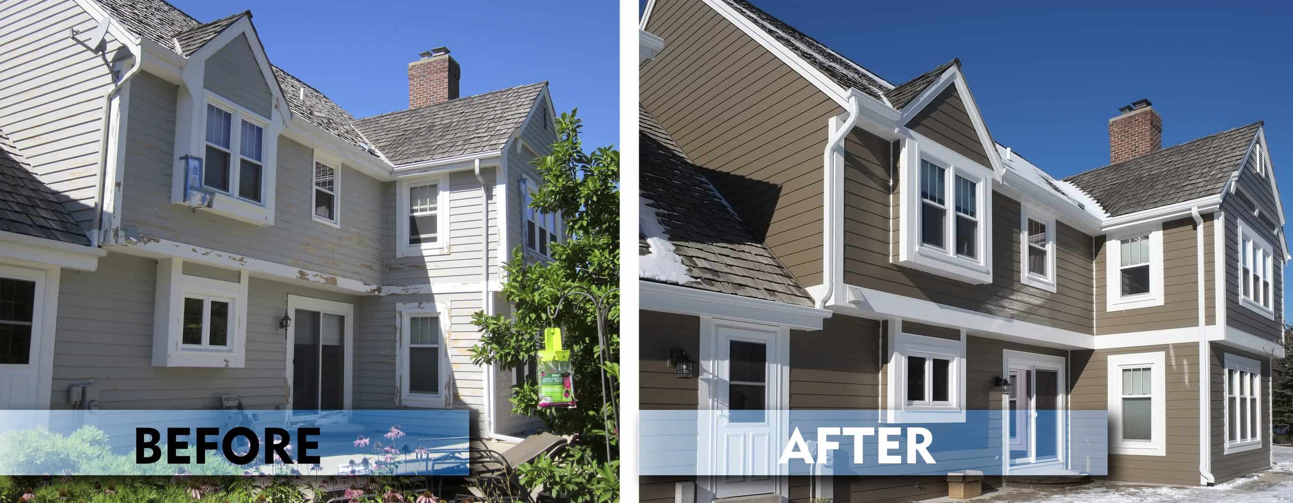 Image shows a collage of before and after photos highlighting new siding on a home. 