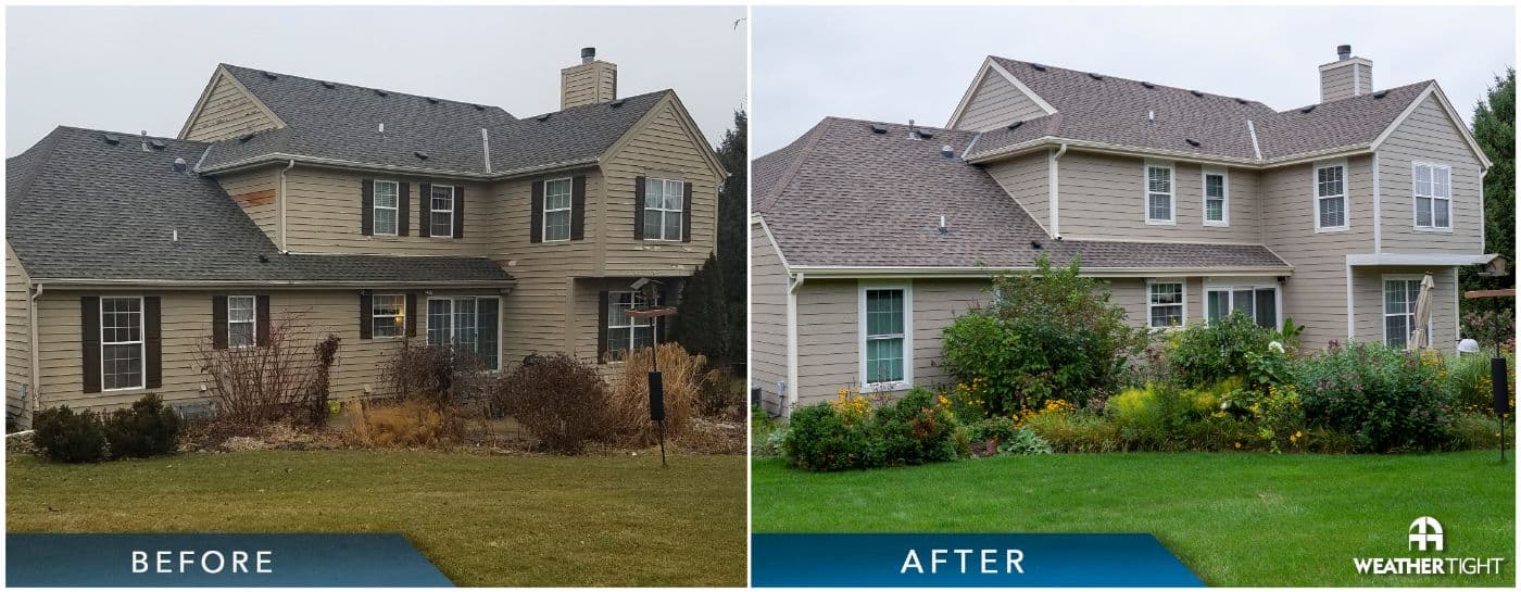 Image shows a collage of before and after images on a home with siding and roof replacement