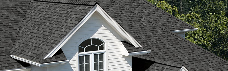Image shows a black shingled roof on a white home
