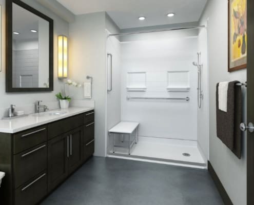 New Barrier Free Shower with White Subway Tile, Bench, Built-In Shelves and Grab Bars