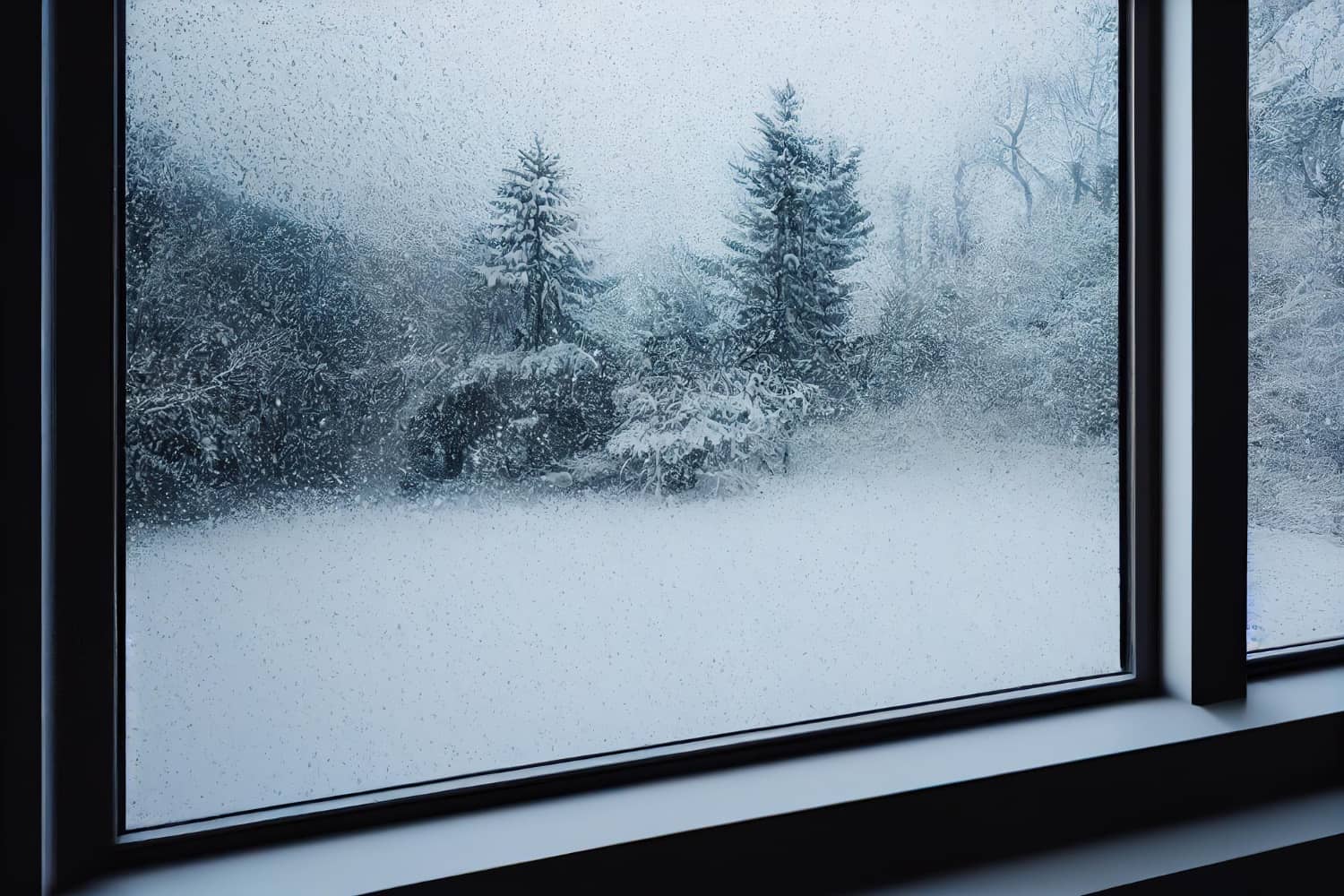 A drafty window is dotted with icy frost on the inside of the glass. Outside is a wintery scene of snow covered ground and trees.