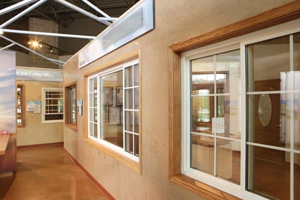 A display wall of picture windows stands in the Weather Tight Showroom, located in West Allis, Wisconsin.