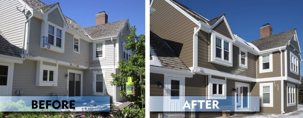 Two photos side by side, left photo is a house with worn, weathered siding. The photo on the right, is the same home after full house installation of Diamond Kote® siding.