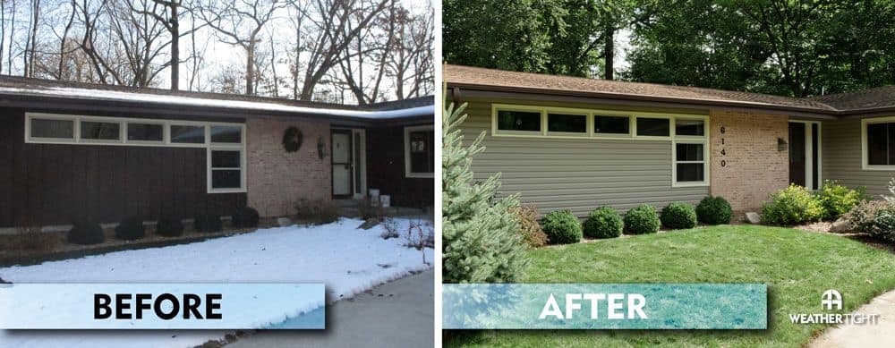 Image shows a collage of a home before and after siding replacement
