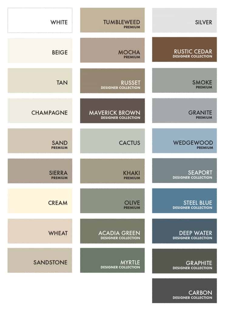Image depicts the variety of color options available from Weather Tight