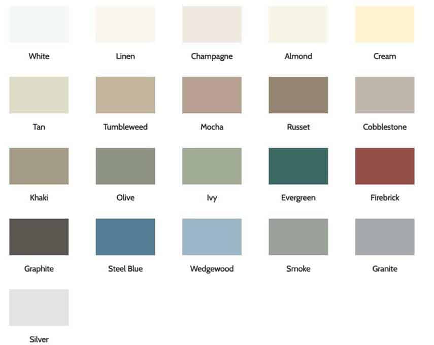 A chart of Weather Tight siding color options.