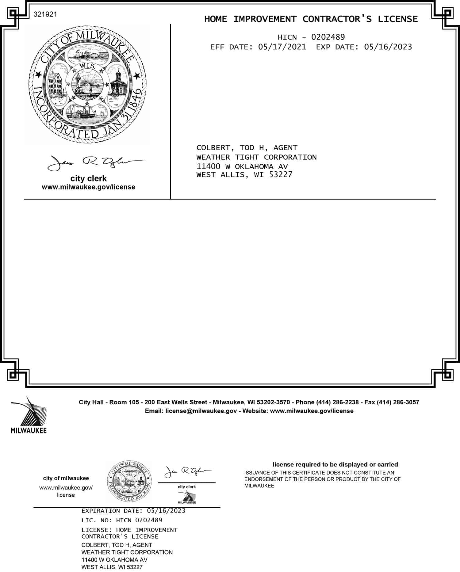 City of Milwaukee Home Improvement Contractor's License Exp 05-16-2023