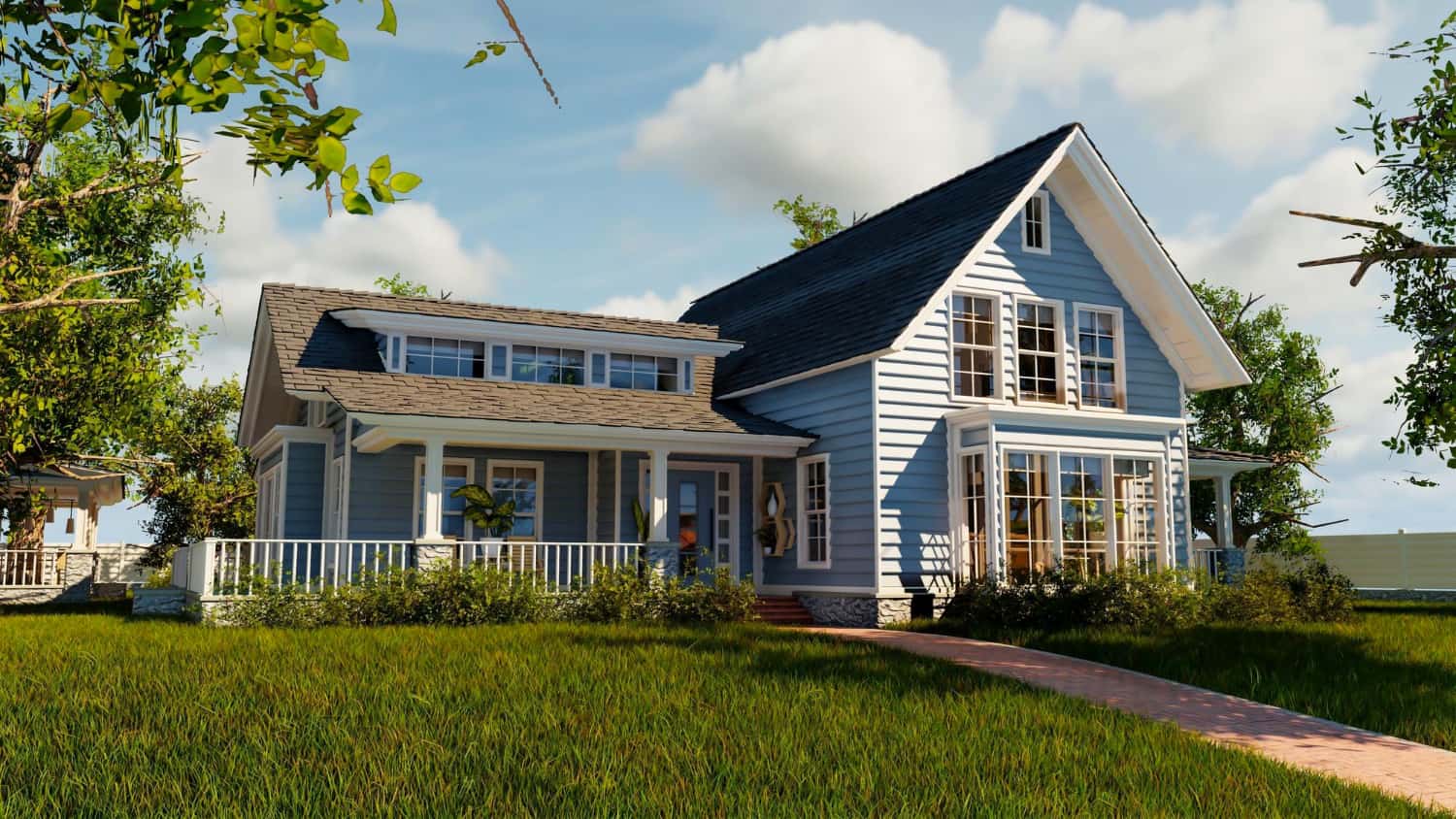 A modest two-story home with a shingle roof, light blue siting, and white window trim. The house has a front porch and pay windows and stands tall against a light blue sky with white clouds, and a green lawn.